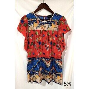 Suzanne Betro Orange Blue Floral Flutter Sleeve Flowy Boho Blouse - Size L